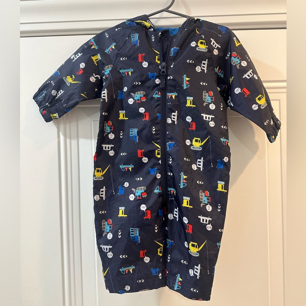 Infant 6-12 month lined zip up waterproof long sleeve vehicles rain suit